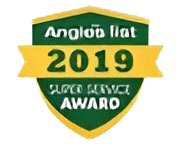 A green and yellow shield-shaped badge displaying "Anglo's Bat 2019 Web Award" in bold letters.