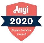A red badge with a dark blue ribbon displaying "Angi 2020" and smaller text below reading "Super Service Award.