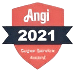 A red badge with a black ribbon displaying "Angi 2021" and text below that reads "Super Service Award.