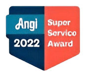 A badge with two halves: the left in blue says "Angi 2022," and the right in coral says "Super Service Award.