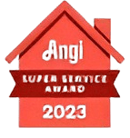 Red house-shaped badge with “Angi Super Service Award 2023” written on it.